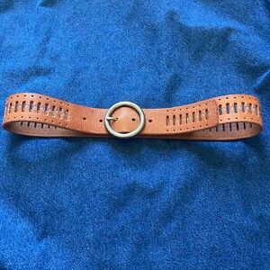 Leather Studded Belt with open Cutouts & Round Metal Buckle Med